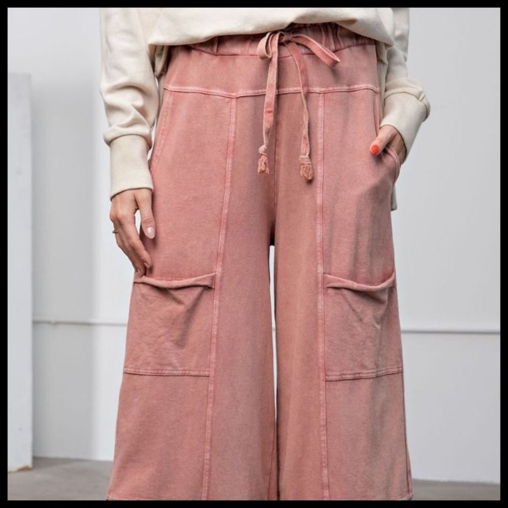 EASEL "Perfect Cargo" Terry Knit Mineral Washed Flared Leg Pants Raw Hem & Seams - Picture 9 of 14